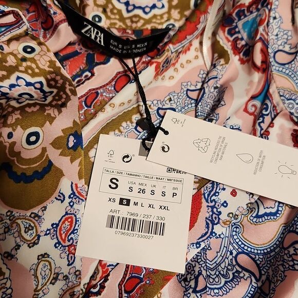 Zara multicolor print v-neck button down long sleeve blouse. Sz S oversized - Picture 9 of 9